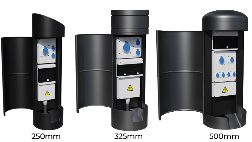 Power bollards from Pop Up Power Supplies available in three sizes – 250mm, 325mm and 500mm.